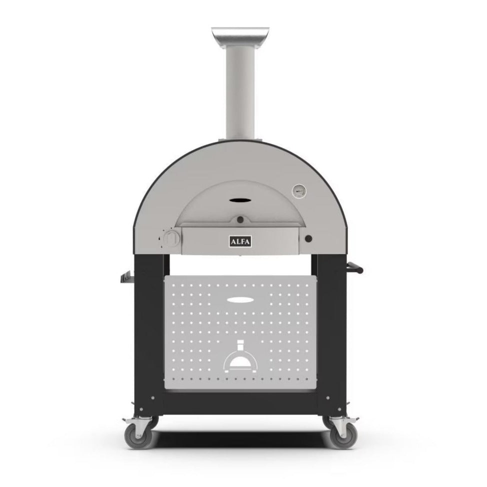 Alfa Classico 2 Pizze Freestanding Gas Ardesia Grey Pizza Oven on Wrinkle Black Cart