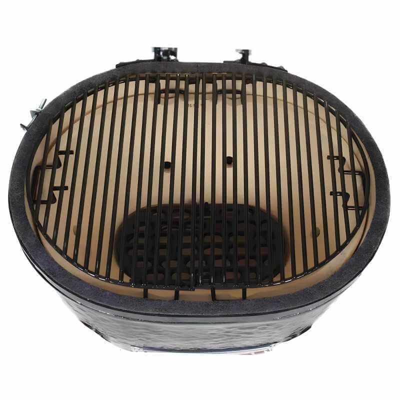 Primo Oval XL 400 Ceramic Kamado Grill On Curved Cypress Table - PGCXLH