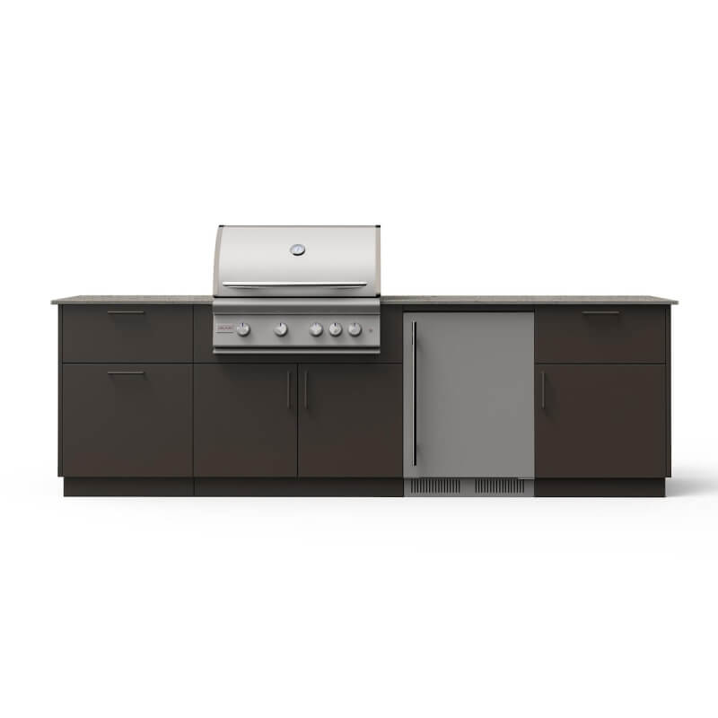 Blaze Morning Glow 10-Ft Outdoor Kitchen Island w/ 32-Inch Marine-Grade Premium LTE+ Grill, Fridge in Architectural Bronze w/ Keon Countertop