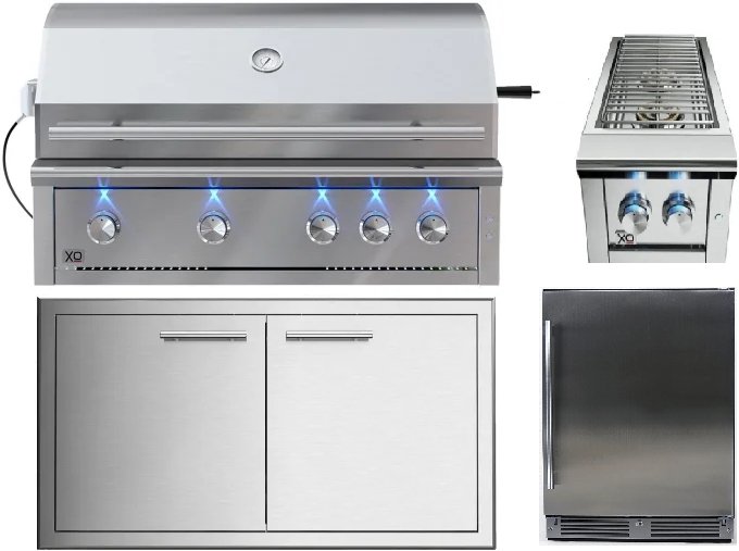 XO Pro 42" Built-In Gas Grill Four Piece Package with Side Burner, Double Doors, and Refrigerator
