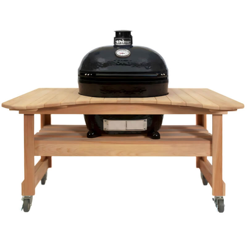 Primo Oval XL 400 Ceramic Kamado Grill On Curved Cypress Table - PGCXLH