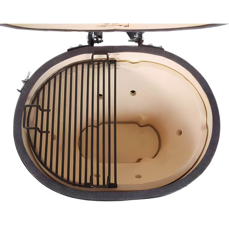 Primo Oval XL 400 Ceramic Kamado Grill On Curved Cypress Table - PGCXLH