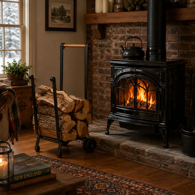 Forged Iron Wood Cart - Vintage Iron, shown in a room setting