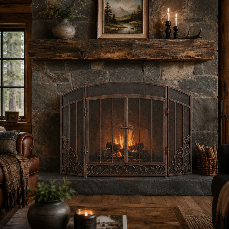 Renaissance 3 Panel Screen With Doors - Brushed Bronze, shown in a room setting