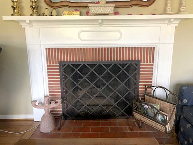Iron Weave Single-Panel Fireplace Screen, shown in a room setting
