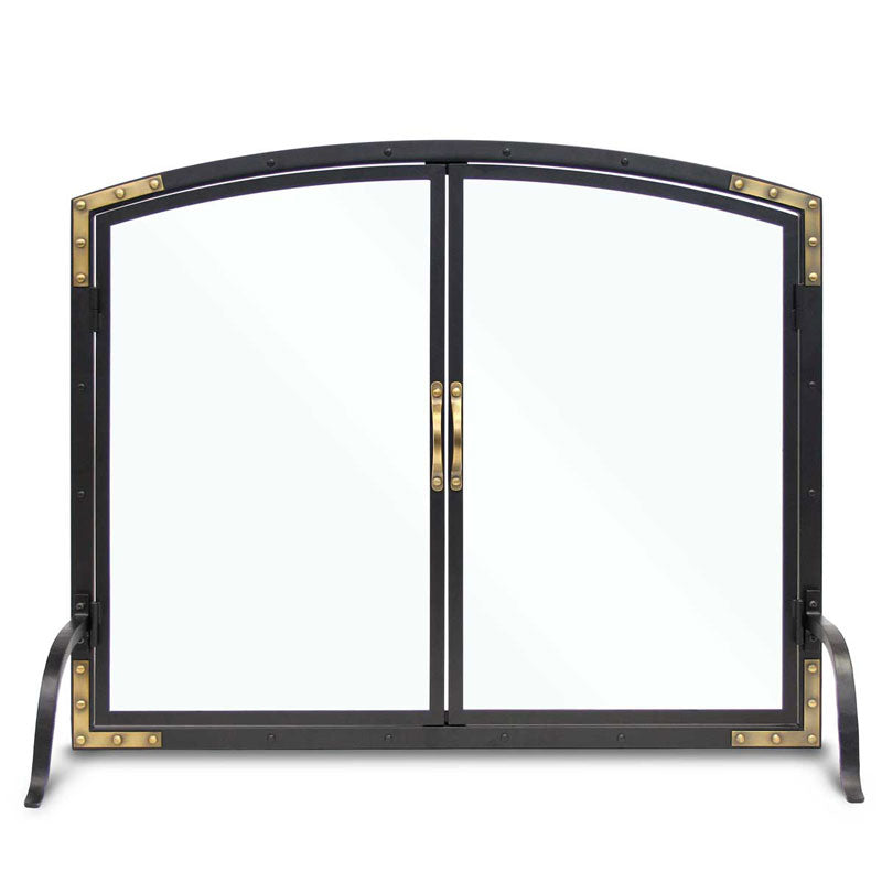 Refined Rivet Glass Door Fireplace Screen With Doors - Black