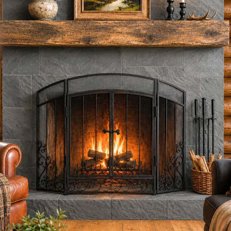 Renaissance 3 Panel Screen With Doors - Black, shown in a room setting